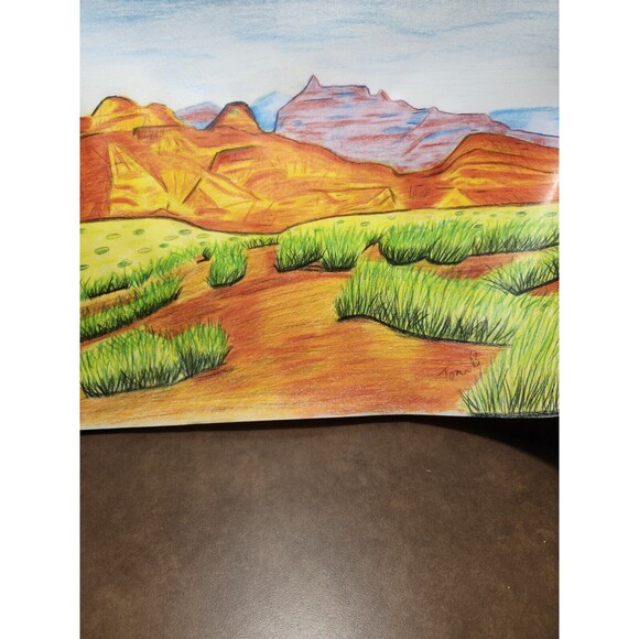 Hand Crafted Dessert Mountain Landscape Colored Pencil Drawing Framed 9x11" - Picture 2 of 16